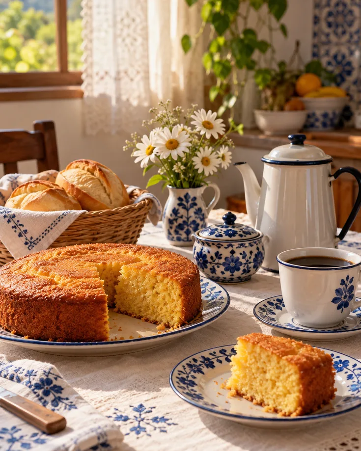 Mesa de cozinha com café, bolo e pão numa toalha bordada
