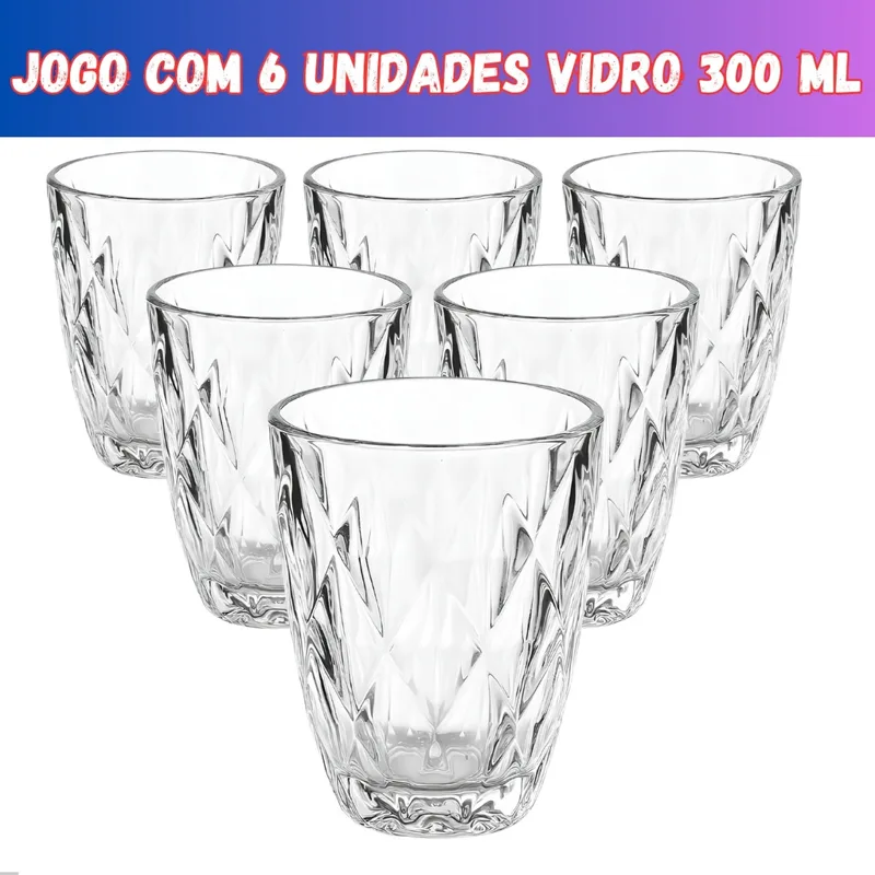Seis copos de vidro com desenho de diamante