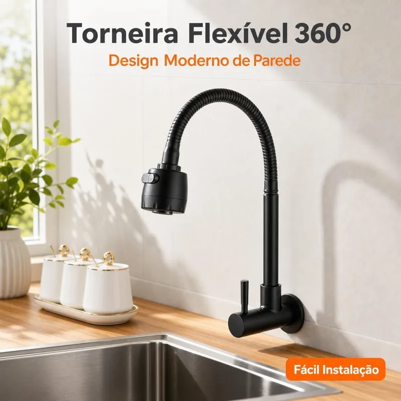 Torneira de parede preta com bica flexível na pia da cozinha